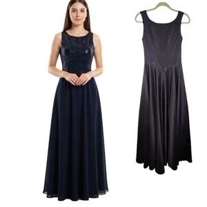 Rivar's Formal Maxi Dress Size 5/6 Navy Blue Satin Sequin Sleeveless A-line Gown